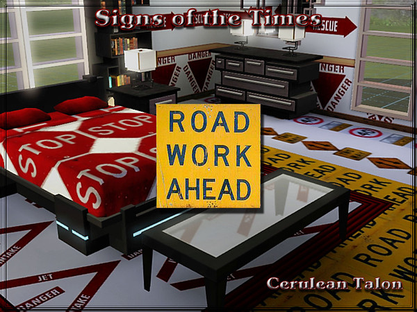 Sims 3 — Signs_of_the_Times_1 by Cerulean Talon — Road Work Ahead sign in bright yellow and blue. Ready to used in any