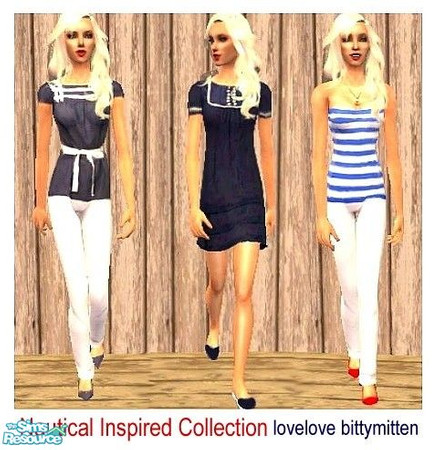 Sims 2 — Nautical Inspired Set by bittymittenz — A collection of 3 sailor style outfits for adult females. You will need