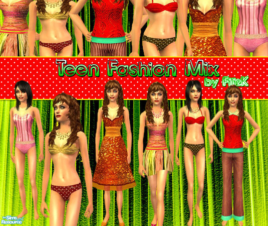 Sims 2 — Teen Fashion Mix by filizk — Two bikinis, an everyday outfit(mesh by Lianaa), a formal outfit(mesh by Tantra),