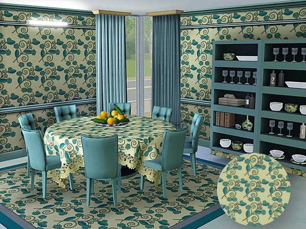 Sims 3 — marcorse_leaf and curl pattern by marcorse — An oblique design of leafy stems and curlicues in green, on a light