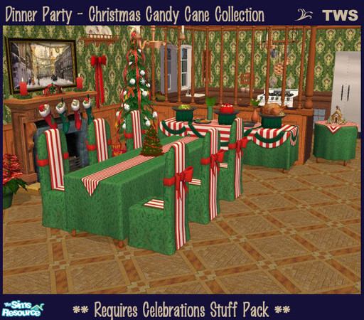 Sims 2 — Dinner Party - Christmas Candy Cane Collection by wildstar24 — Festive evergreen bough-print linens and candy