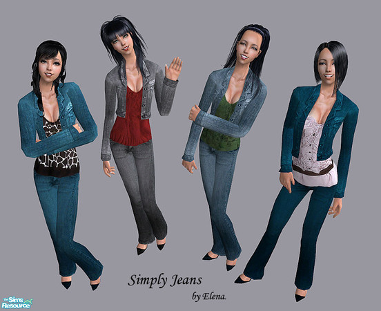 Sims 2 — Simply Jeans by Elena. — Four everyday outfits for your adult females. Mesh & jean texture by Lyholy @ MTS2.