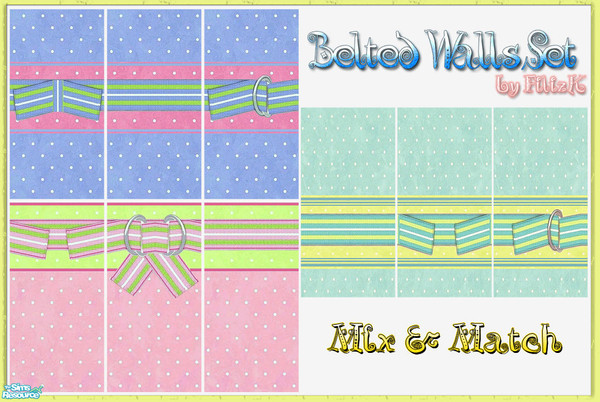 Sims 2 — Belted Walls Set by filizk — Set of 9 walls with three different color combinations. You can mix and match them.