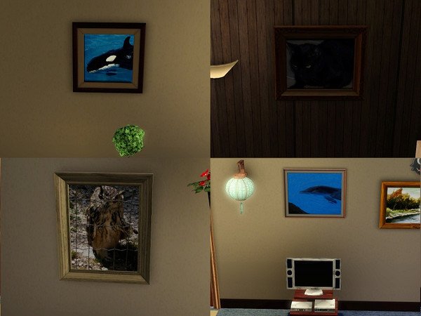 Sims 3 — Animal Paintings by Silerna — 4 different paintings of the an owl,dolphin,orca and a cat.