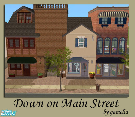 Sims 2 — Down on Main Street I by gamelia — Charming traditional shops: Sweeney\'s Pub, the Back Yard Cafe, Gamelia\'s