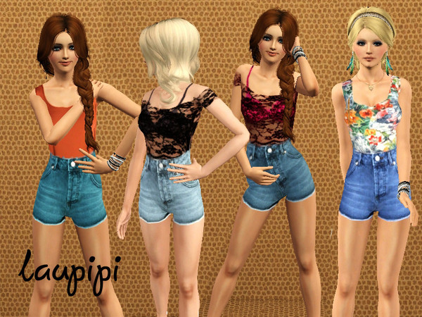 Sims 3 — LP High Waisted Shorts Outfit by laupipi2 — Set made of high waisted jeans and different tops. 3 different