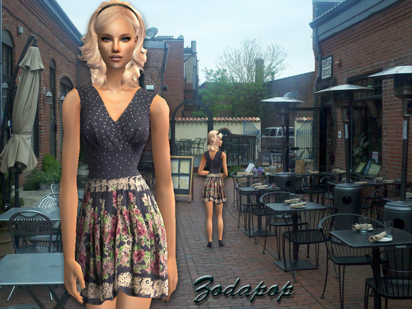 Sims 2 —  by zodapop — This pleated dress with grey and white polka dots and purple flowers set against a navy background