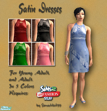 Sims 2 — Ruffled Satin Dresses by Simaddict99 — collection of 5 ruffled, satin, dresses perfect for everyday as well as
