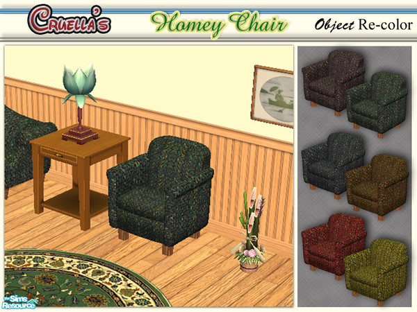 Sims 2 — am_HomeyChair by Cruella — Re-Colors of the Contempo \"good living\" Chair. Basic Game object.