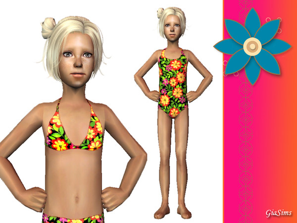 Sims 2 — Flowered swimsuit set for girls by giasims — Flowered swimsuit set for girls