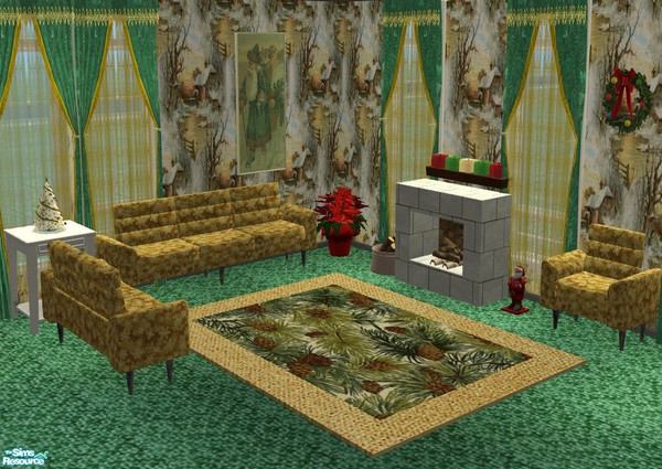 Sims 2 — Christmas Home by Riverwillows — A lovely living set, done in holiday greens and golds. Warm and cozy, by