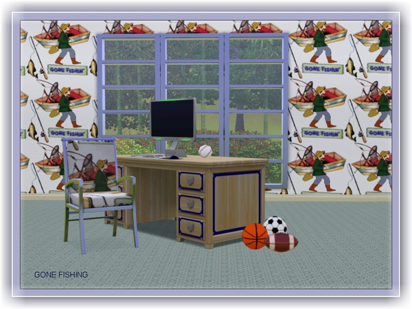 Sims 3 — gone fishing pattern by marcorse — Have I forgotten anything? . . . rod, net, bait bucket, boat, wellies, hat .