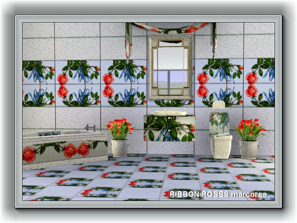 Sims 3 — Ribbon Roses pattern by marcorse — Deep pink roses, glossy green leaves and blue ribbons make this stunning