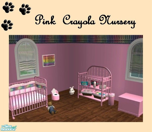 Sims 2 — Pink  Crayola Nursery by MinnieMinPin — Wall, Toy Box, Potty Chair, Highchair, Changing Table, Crib Frame, Crib