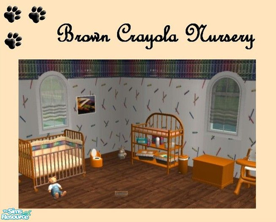 Sims 2 — Brown Crayola Nursery by MinnieMinPin — Wall, Toy Box, Potty Chair, Highchair,Changing Table, Crib Frame, Crib