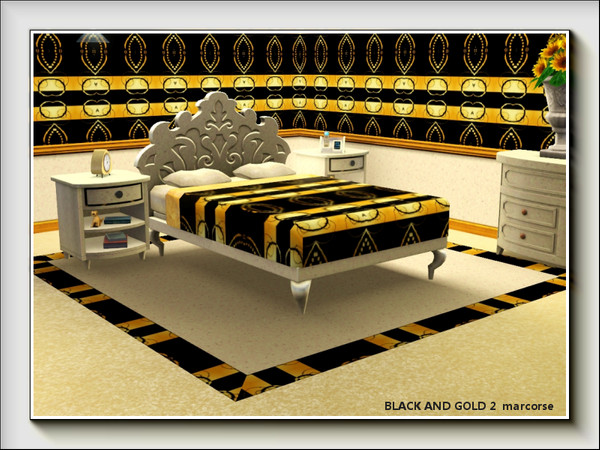 Sims 3 — Black and Gold 2 pattern by marcorse — Fabric pattern of gold motifs on black background.