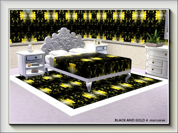 Sims 3 — Black and Gold 4 pattern by marcorse — Fabric pattern featuring gold flowers and leaves in a complex repeat