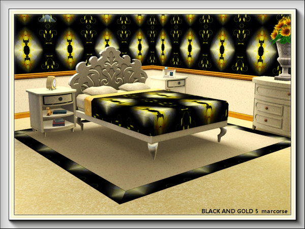 Sims 3 — Black and Gold 5 pattern by marcorse — A gold floral style and flourish design on black.