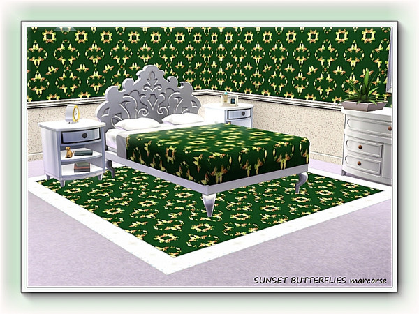 Sims 3 — Sunset Butterflies pattern by marcorse — Little butterflies in sunset hues on a deep green background.