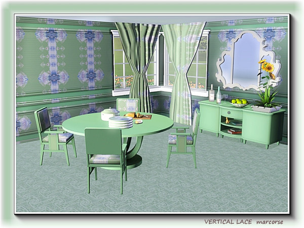 Sims 3 — Vertical Lace pattern by marcorse — Delicate lace-like design in white and blue on a pale green background.