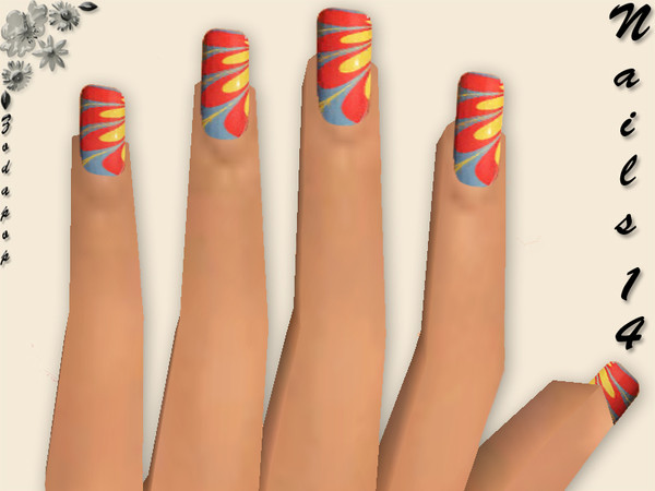 Sims 2 — Nails 14 by zodapop — Blue, red, and yellow printed nails.
