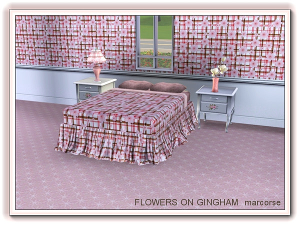 Sims 3 — Flowers on Gingham pattern by marcorse — Fresh and pretty, this pink and brown gingham fabric has overlays of