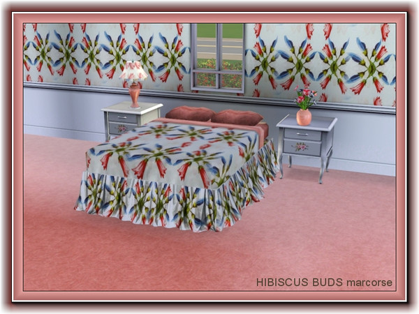 Sims 3 — Hibiscus Buds pattern by marcorse — Stylised hibiscus buds in pink and blue on a pale yellow background.