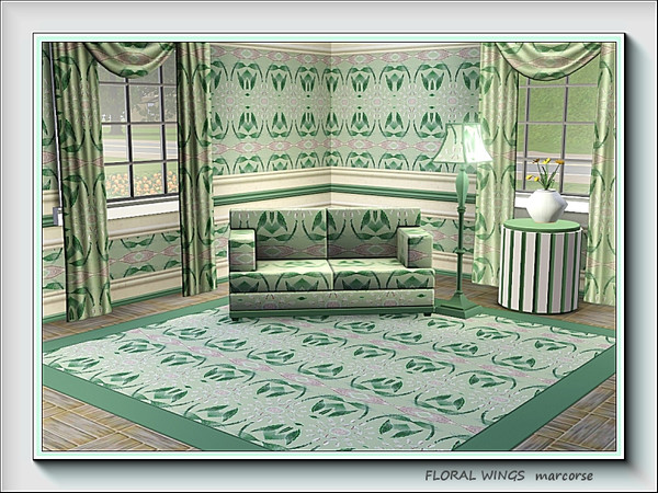 Sims 3 — Floral Wings pattern by marcorse — Stylised flowers and wings in a green on green design.