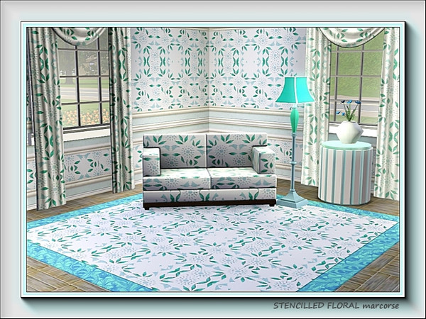 Sims 3 — Stencilled Floral pattern by marcorse — A stencilled design of flowers and leaves in green on white.