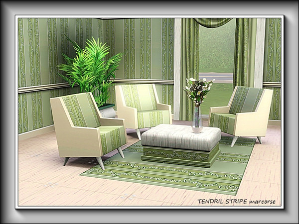Sims 3 — Tendril Stripe pattern by marcorse — A vertical design in two green tones, the narrower, darker stripe decorated