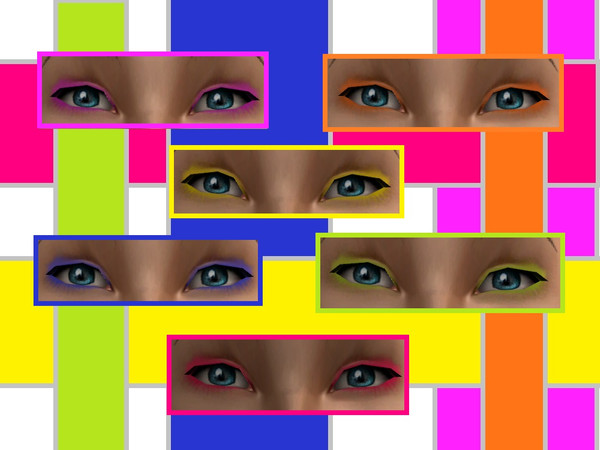 Sims 2 — Bright eye shadow set by Kara_Croft — Set of 6 Brightly colored eye shadows. Similar colors to the pastel set