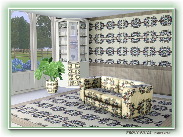 Sims 3 — Peony Rings pattern by marcorse — Peony flowers and leaves in a circular design in shades of blue, pink and