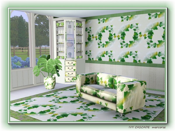 Sims 3 — Ivy Cascade pattern by marcorse — Circlets of ivy leaves in a regular repeat pattern on a creamy background.