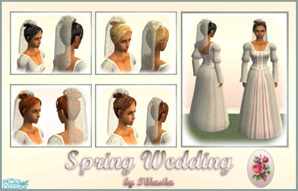 Sims 2 — Spring Wedding by tlkaska — This set includes a white damask wedding gown with soft pink accents and little pink