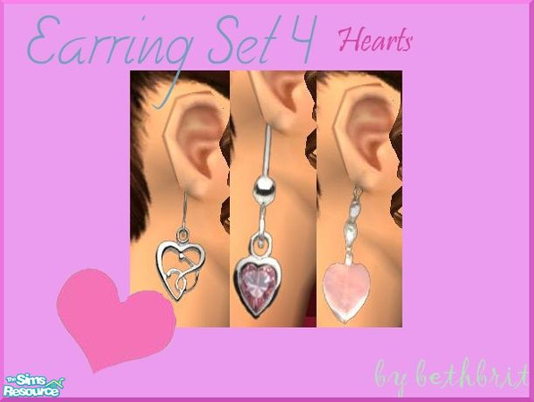 Sims 2 — Earring set 4 - Hearts by bethbrit — 3 pairs of heart earrings. Mesh by Simchic