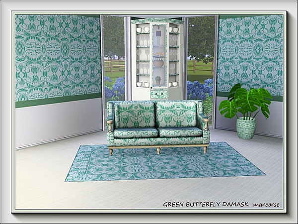 Sims 3 — Green Butterfly Damask pattern by marcorse — A green damask design featuring butterflies and floral motifs.