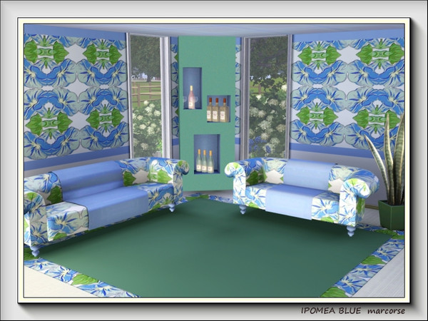Sims 3 — Ipomea Blue pattern by marcorse — A cool and pretty blue and green pattern featuring a morning-glory design