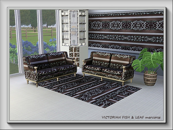 Sims 3 — Victorian Fish and Leaf pattern by marcorse — A horizontal Victorian wallpaper pattern featuring fish and leaf