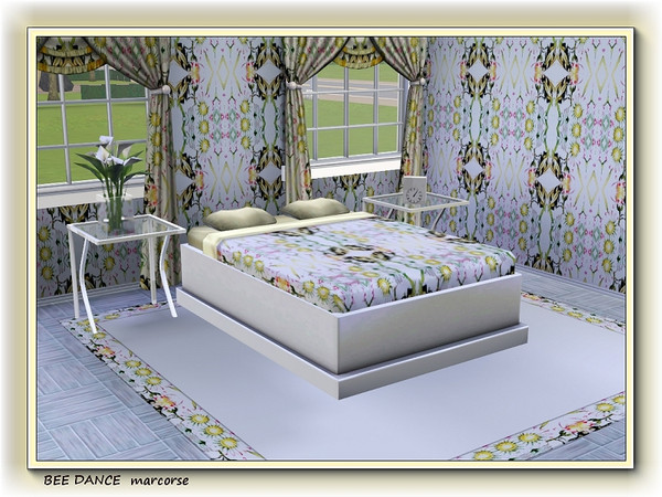 Sims 3 — Bee Dance pattern by marcorse — Honeybees doing their dance amongst yellow-centred white daisy flowers.