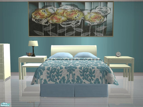 Sims 2 — PBBedroom - Recolor cream - Bedcover blue parsley by ShinoKCR — 