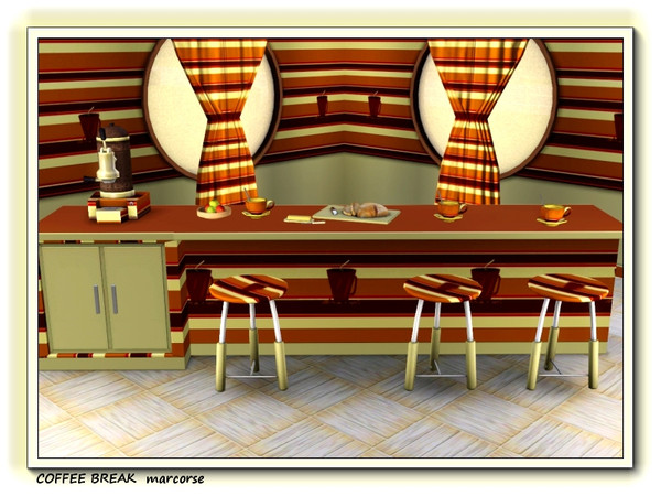 Sims 3 — Coffee Break pattern by marcorse — A single coffee cup - and some coffee beans - on a striped background in