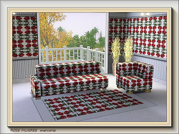 Sims 3 — Rose Filigree pattern by marcorse — Red roses and green leaves in a filigree design.