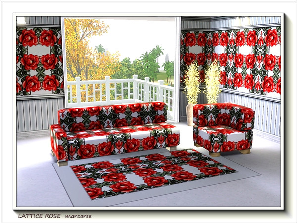 Sims 3 — Lattice Rose pattern by marcorse — Big red roses on a leafy, lattice/trellis background