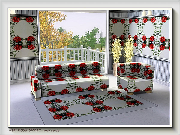 Sims 3 — Red Rose Spray pattern by marcorse — Stylised red rose sprays and foliage.