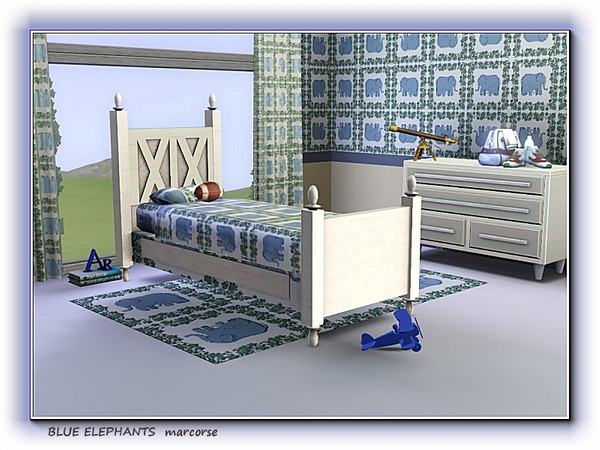 Sims 3 — Blue Elephants pattern by marcorse — Blue elephant mother and baby, in a square design formed by green leaves,