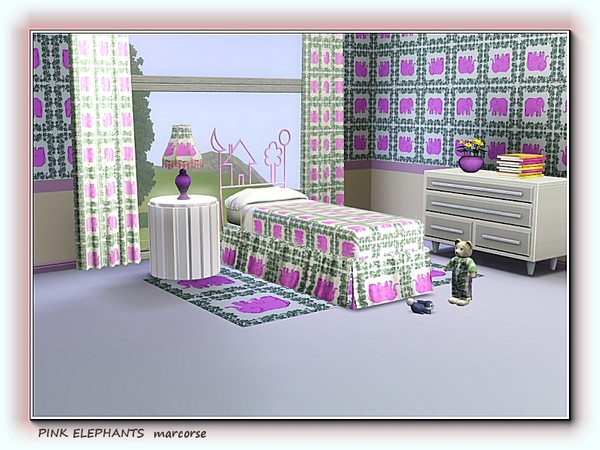 Sims 3 — Pink Elephants pattern by marcorse — Pink elephant mother and baby, framed in green leaves and mirror repeated.