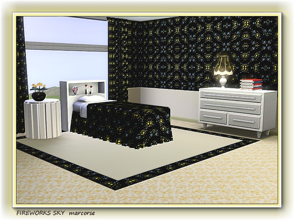 Sims 3 — Fireworks Sky pattern by marcorse — Bursting fireworks in yellowl blue and white on a black background.