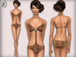 Sims 2 — 2012 Fashion Collection Part 35 by zodapop — Leopard print monokini with tie-neck and teal embellishment.