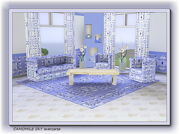 Sims 3 — Camomile Sky pattern by marcorse — Camomile flowers in a regular repeat pattern, on a sky blue background.