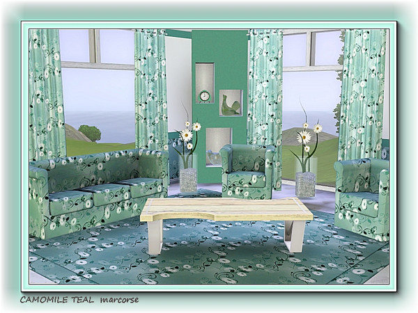 Sims 3 — Camomile Teal pattern by marcorse — White camomile daisies on teal.